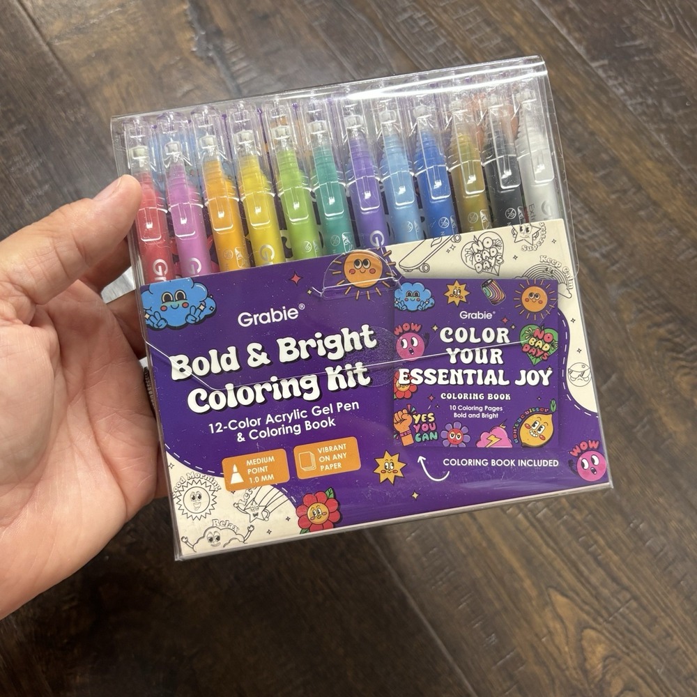 Grabie Acrylic Gel Pens Coloring Kit with Book, Pack of 12 Essential Colors